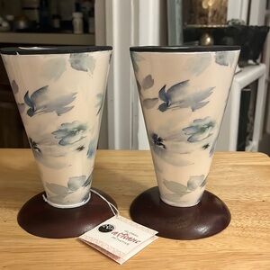 Floral Ceramic Vase with Wooden Base